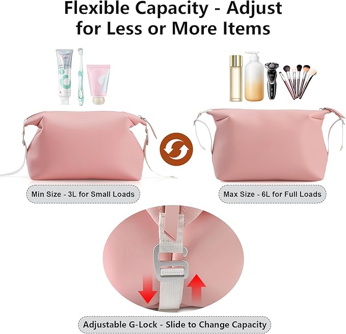 Vomgomfom 3L 6.5 Inch Silicone Toiletry Bag, Waterproof Leakproof Travel Cosmetic Organizer, Adjustable G-Buckle Compression Dopp Kit, Foldable Makeup Bag for Women & Men, Pink