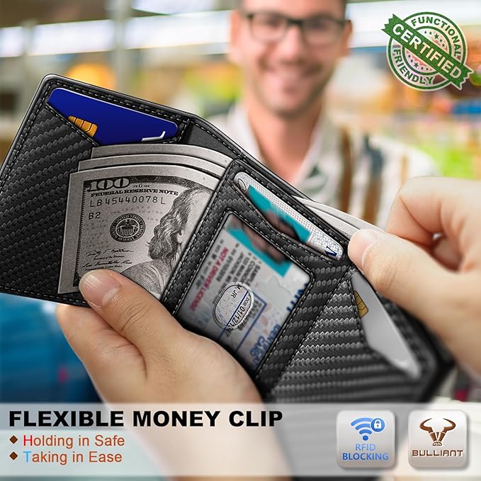 BULLIANT Men Wallet Leather Wallet Card Holders Money Clip for Men 10Cards-Magnetic Flip on Metal Case