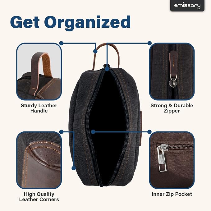 emissary Men's Toiletry Bag, Leather and Canvas Travel Toiletry Bag, Dopp Kit for Men, Travel Bathroom Bag Men's Shaving Kit, Travel Kit Small Bags for Men, Shaving Bag for Travel Accessories (Black) | Durable canvas & PU leather, water-resistant linin...