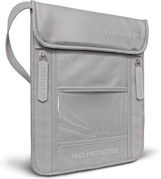 VENTURE 4TH Neck Wallet for Women & Men – RFID Blocking Passport Holder for Travel, Hidden Neck Pouch with 6 Compartments, Slim Lightweight Travel Organizer with Adjustable Strap (Sleek Silver)