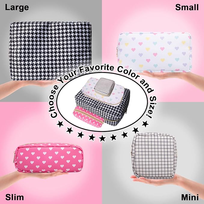 Nylon Small Makeup Bag for Purse, Cute Makeup Pouch Bag Preppy Cosmetic Zipper Pouch Purse, Portable Travel Toiletry Bag Clutch Makeup Brush Bag Organizer Storage for Ladies Girls(Black Houndstooth)