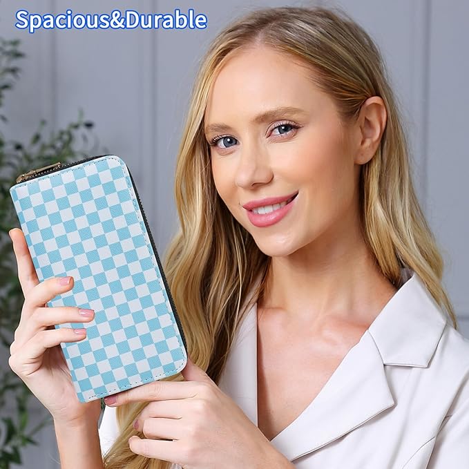 Checkered Wallets for Women Cute Large Capacity Blue Female Plaid Purse 2 Zippers Credit Card Holder