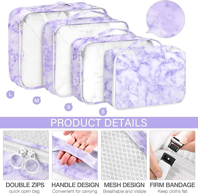 8 Set Packing Cubes for Travel, Luggage Packing Organizers Accessories Large Toiletries Bag for Clothes Shoes Cosmetics (8Set-Purple Marble)