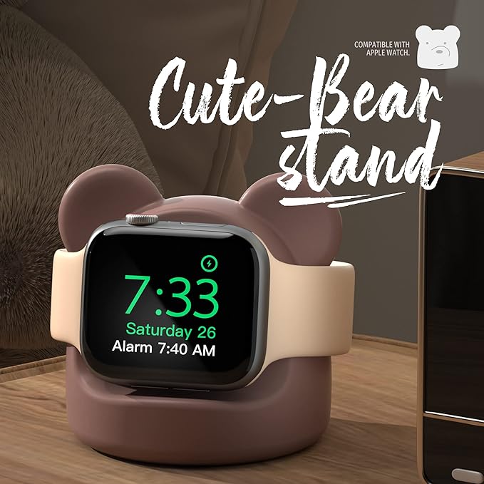 AFOOYO Monitor Stand Riser, Cloud-Shaped Sturdy Wood Computer Monitor Riser, Laptop Monitor Stand+Bear Charger Stand Silicone Dock Holder for Apple Watch Series