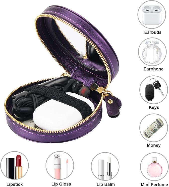Bocasal Coin Pouch Mini Lipstick Cosmetic Bag with Airtag Holder Mirror, Leather Zipper Travel Makeup Bag Keychain Ring Clasp for Keys Earbuds Earphone Lip Gloss Chapstick Women Girls (Dark Purple)