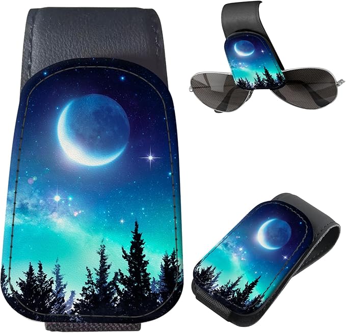 Sunglasses Holder for Car Visor, PU Leather Glasses Clip Organizer, Cute Magnetic Eyeglass Holder for Vehicle Sun Visor, Car Interior Accessory for Women & Men Starry Forest Night