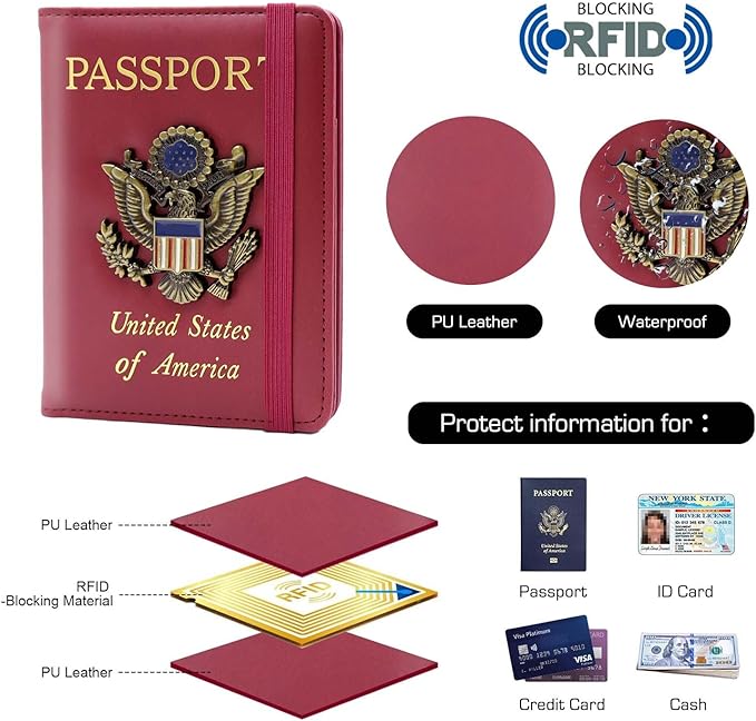 Cnycmy Passport Holder for Travel, Pu Leather Travel Wallet, RFID Blocking, Metal United States Coat of Arms, Waterproof cover for Family (Burgundy)