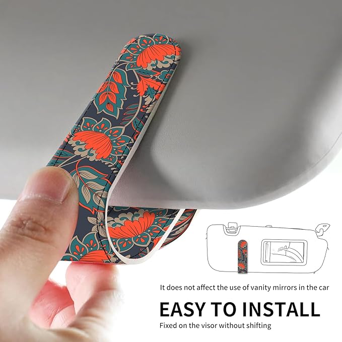 Leather Magnetic Sunglass Holder for Car Sun Visor, Cute Eyeglass Ticket Card Hanger Clip, Universal Auto Interior Accessories for SUV Pickup Truck Dark Red Floral