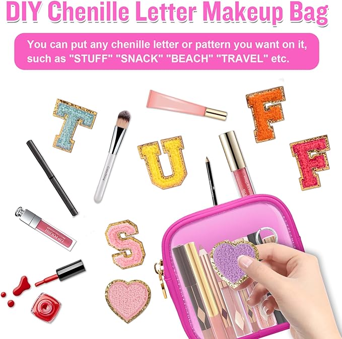 Mini Clear Travel Makeup Organizer Bag for Purse, Small Cute Makeup Bag Preppy Cosmetic Zipper Pouch Purse, Transparent PVC & Nylon Coin Pouch Sanitary Napkin Storage Bag for Women Men Girls(Hot Pink)