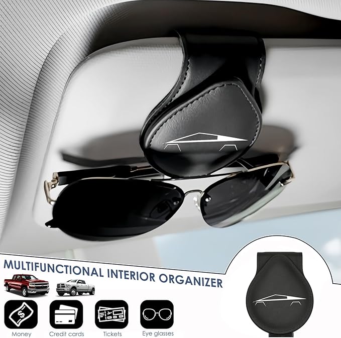 Car Sunglass Holder Compatible with Tesla Cybertruck 2025 2024 Cyberbeast Interior Accessories Organizer Leather Eyeglass Hanger Visor Ticket Card Clip Magnetic Cyber Truck Sunglasses Holders (Black)