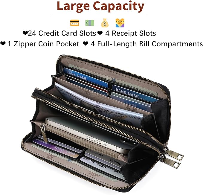 GOIACII Women's Wallet Large Capacity Double Zip Ladies Card Phone Holder RFID Blocking Wristlet Leather