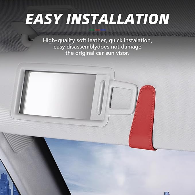 2PCS Sunglasses Holders for Car Sun Visor, Leather Eyeglasses Hanger Mounter, Magnetic Glasses Holder and Ticket Card Clip, Universal Auto Interior Accessories (Red, 2PCS)