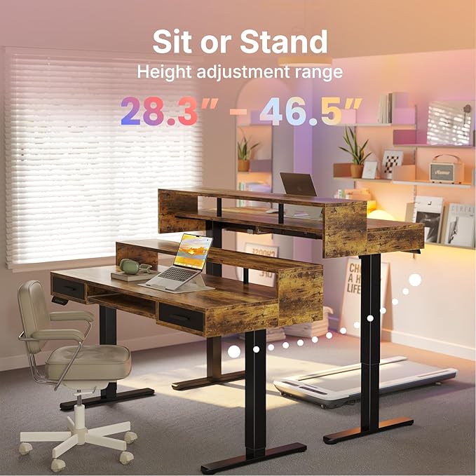 HUANUO 55″ x 26″ Electric Standing Desk with 2 Drawers &24.4″ Large Keyboard Tray, C-Clamp Mount Compatible, Adjustable Computer Desk for Office, Sit Stand Up Desk with 4 Height Presets, Vintage Brown