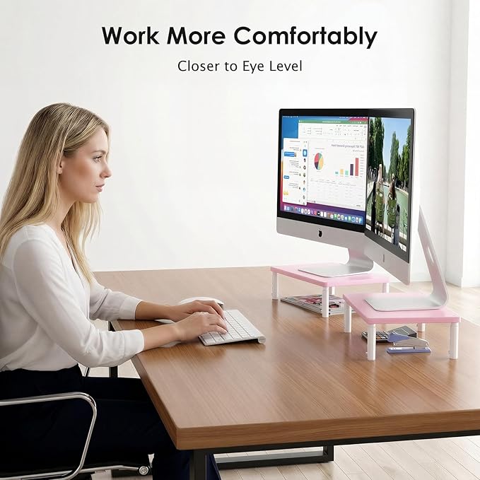 OPNICE Adjustable Computer Monitor Stand Riser for Desk, Desk Organizer & Office Decor for Women, Laptop Stand, Office Desk Accessories & Workspace Organizers for Home Office, Pink Wood