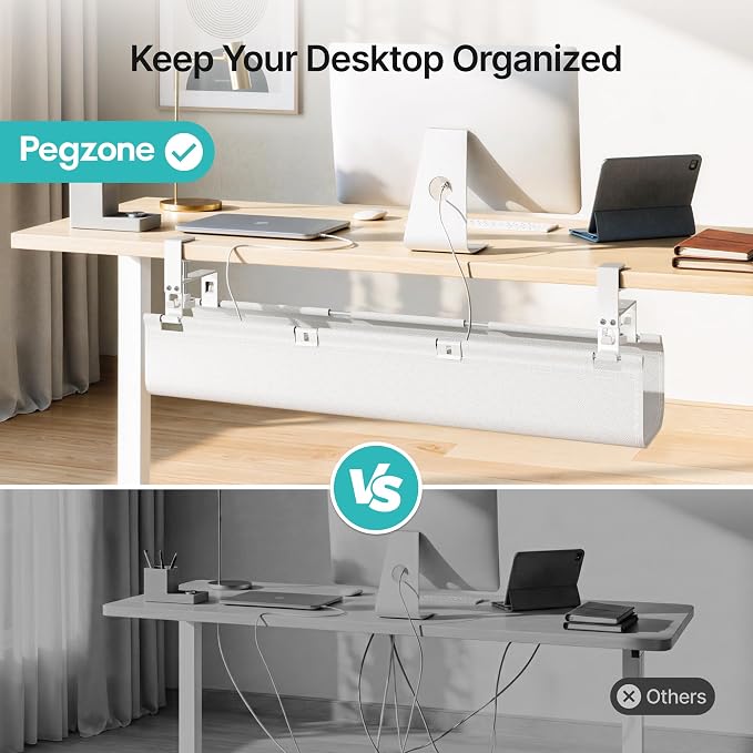 PEGZONE No Drill Under Desk Cable Management Tray, 31.5" Cord Management Under Desk for Table, Clamp Mount Desk Cable Management, Premium Fabric Wire Management Tray for Office, Home, White