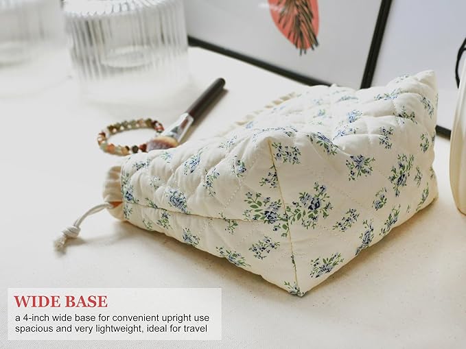 HAPPYHEIDI Large Floral Quilted Cotton Drawstring Makeup Bag Compartment Cosmetic Toiletry Accessory Travel Pouch Purse Organizer, Blue Gourd