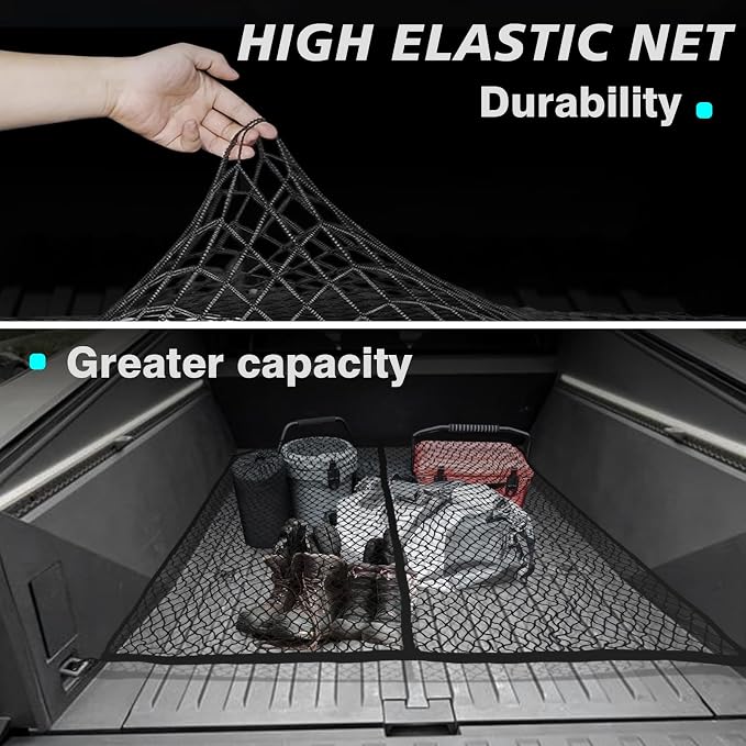 BestEvMod Cargo Mesh Net for Pickup Truck Bed Fit for Tesla Cybertruck 2026 2025 2024 Accessories Mesh Extra Strong Hook Stretchable Trunk Organizer Cargo Net (Whole Bed, Reinforced POM Hooks)