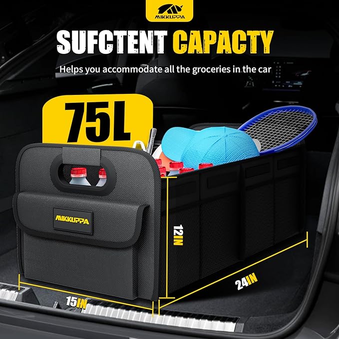 MIKKUPPA Car Trunk Organizer - 75L Collapsible Trunk Organizer for Groceries, Trunk Storage Organizers for SUV Auto Truck Van with Non Slip Bottom (Black)