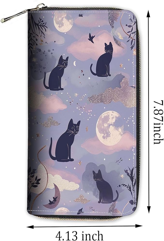 Womens Wallet,RFID Blocking Large Capacity Clutch,Zip Around Leather Purse with 8 Card Slots,Bill Compartments Coin Pocket - Cute Cat and Moon