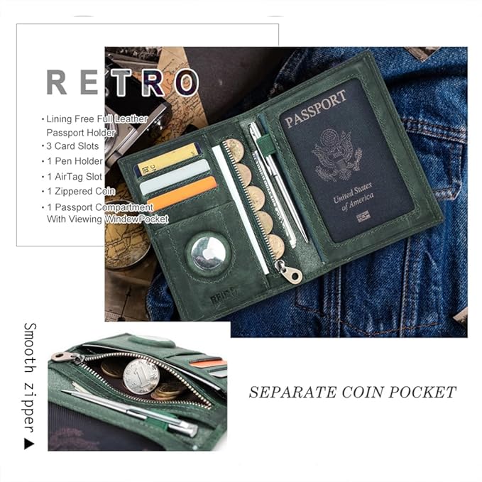 CONTACTS Full Grain Leather Passport Holder RFID Blocking Travel Passport Wallet Compatible with Airtag Passport Cover Case with 4 Card Slots, Coin Pocket (Badge, Green)