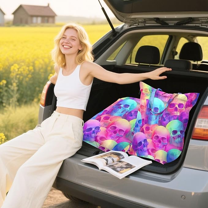 Travel Laundry Bags 2 PC Wet Dry Bag with Handle Dirty Clothes Organizer for Swimsuits Beach Camping Waterproof Washable Gradient Multicolored Skulls