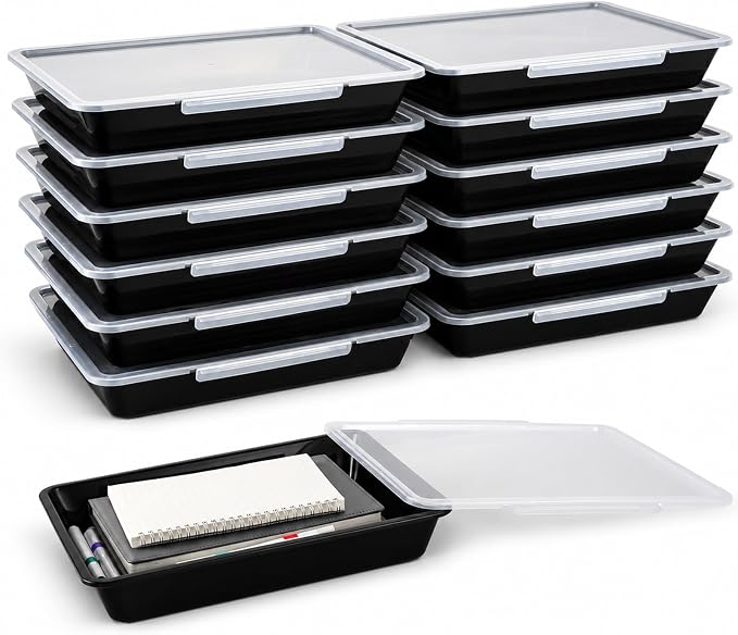 12 Pack Flat Storage Paper Tray with Clear Latching Lid Letter Size Organizer Bin Tray Plastic Latching File Organizer for Classroom Library School Office Teacher Desktop Book Organization (Black)