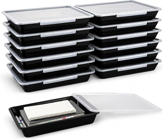 12 Pack Flat Storage Paper Tray with Clear Latching Lid Letter Size Organizer Bin Tray Plastic Latching File Organizer for Classroom Library School Office Teacher Desktop Book Organization (Black)