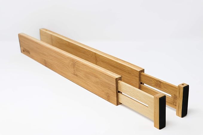 Bamboo Adjustable Drawer Divider Organizers - Spring Loaded, Stackable | Perfect for Kitchen Utensils, Silverware & Knife Drawer Dividers, Desk, Bathroom, and Dresser Drawer Organization (2-Pack)