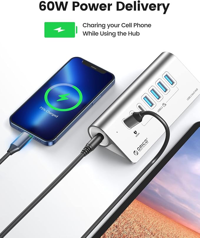 ORICO 7-Port USB 3.2 Gen2 Hub, Powered USB 3.2 Hub with 4 USB-A, 2 USB-C, PD 60W, 72W Power Adapter, 10Gbps Aluminium USB-Splitter with 1.64Ft USB-C to USB-A/C Cable for iMac, MacBooks, Mac mini