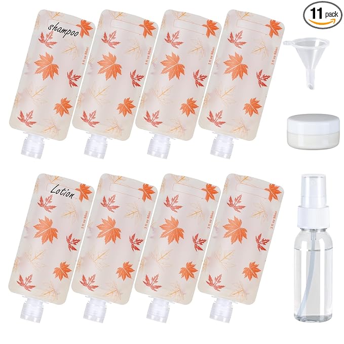 PACKISM 11 Pack Travel Pouches for Toiletries, 3 oz TSA Approved Liquid Containers, Leak Proof Squeeze Bags for Cruise & Camping, Space Saving Refillable Carriers, Active Red Maple Leaf