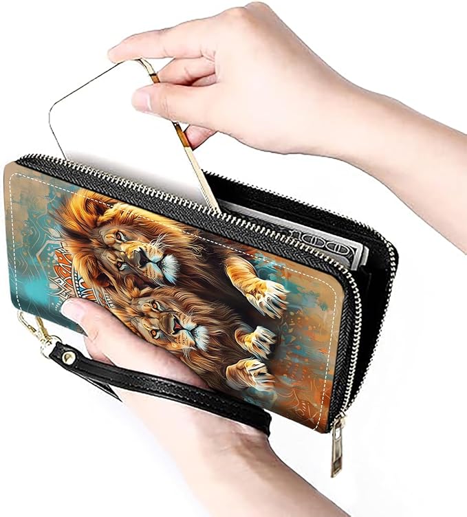 Women's Large Capacity Wallet PU Leather Zip Around Clutch Purse Multifunctional Wallet with Removable Wristlet Strap for Smart Phone/Coin/Card/Cash - Lion