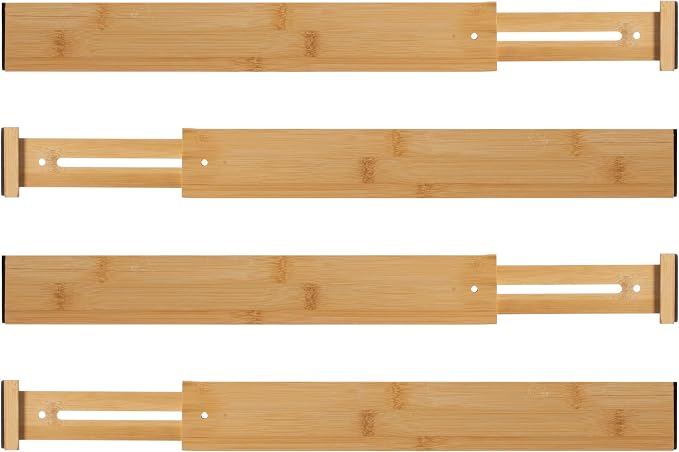 Basicwise 4 Piece Bamboo Expandable Drawer Dividers Adjustable Spring Loaded Organizers for Kitchen Utensils Clothes and Makeup Tools Perfect for Home Organization in Bedroom Bathroom Dresser & Desk