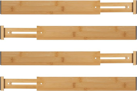 Basicwise 4 Piece Bamboo Expandable Drawer Dividers Adjustable Spring Loaded Organizers for Kitchen Utensils Clothes and Makeup Tools Perfect for Home Organization in Bedroom Bathroom Dresser & Desk
