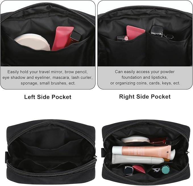 Small Zipper Puffer Makeup Bag for Wristlet Wallets, Quilted Nylon Cosmetic Pouch Organizer Toiletry Bag for Travel, Cute Make Up Bags Purse for Women Girl, Black