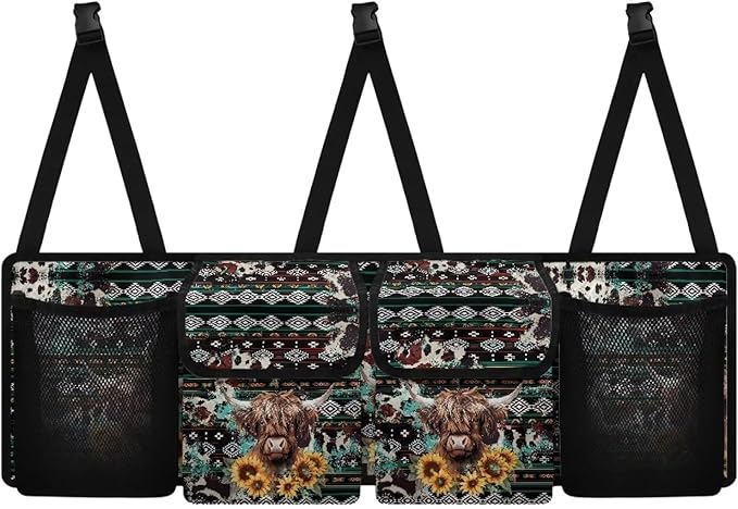 Aztecs Highland Cow Car Hanging Trunk Organizer,Sunflowers Waterproof Oxford Cloth Backseat Hanging Organizer,Universal Car Accessories