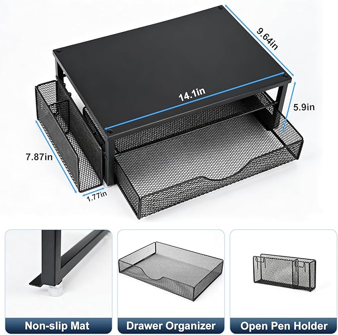 Spacrea Desk Organizer and Accessories, Computer Monitor Stand Riser with Drawer and 1 Open Pen Holder, Printer & Laptop Stand, Office Desk Accessories for Home Office Supplies (Black)