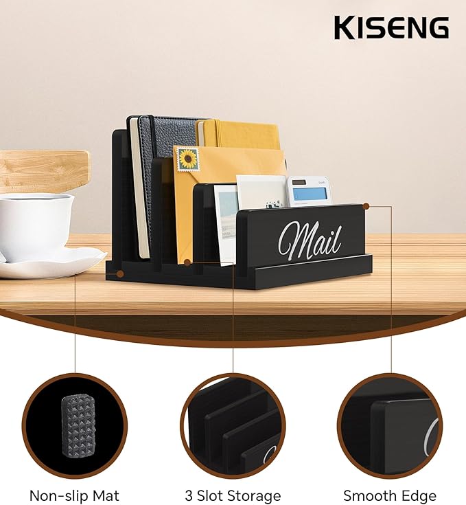 Mail Organizer for Desk,Wooden Mail Holder with Divider, 3-Slot Letter Sorter File Holder,Vertical Bill Organizer for Desktop Document/Notebook/Filing/Folders/Paper