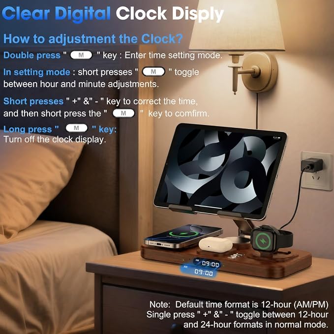 6 in 1 Wireless Charger for Apple Multiple Devices, Charging Station with Clock &7 Color Ambient Light, Foldable Rotate Stand for iPad, for iPhone17/16/15, Support for Apple Watch11/10 For AirPods4