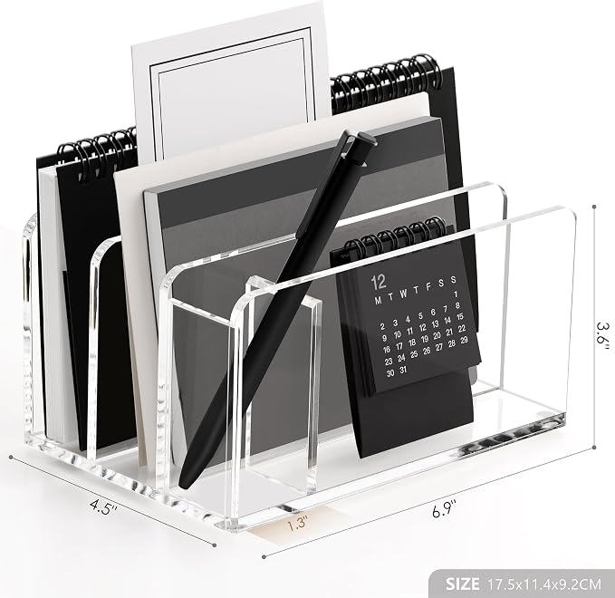 SANRUI Acrylic Mail Sorter Desktop Organizer with Pen Holder, 3 Compartments Clear Small File Script Letter Document Storage for Desk Bill Filling Envelope Holder Office, Home, School Organization