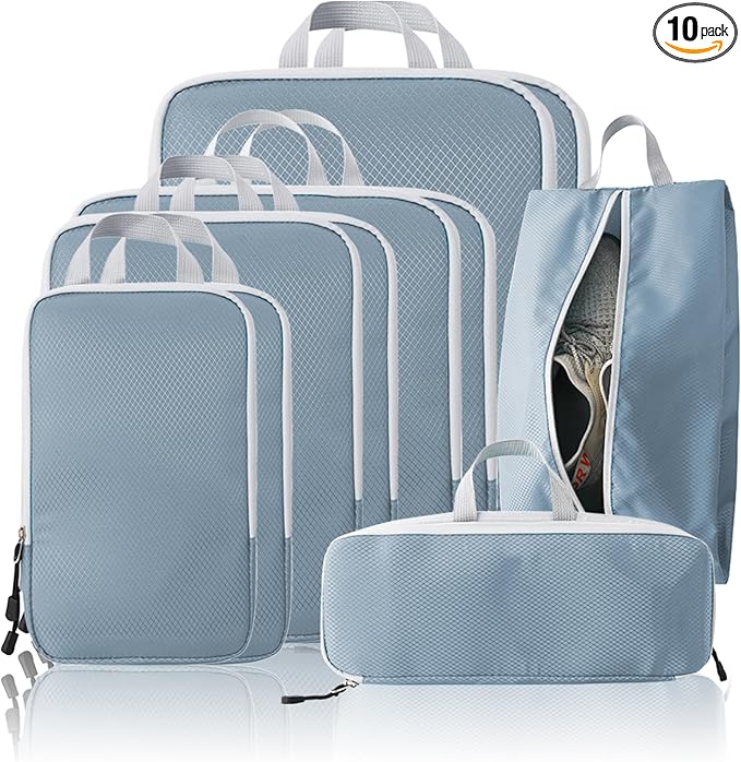 Compression Packing Cubes, 10 Set Packing Cubes for Travel Compression, Lightweight Compressible Package Organizer for Carry On and Suitcases, LakeBlue and Grey