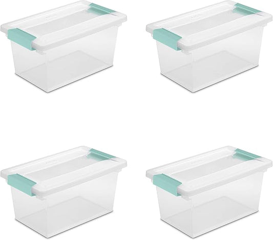 Sterilite Medium Clip Box, Stackable Small Storage Bin with Latching Lid, Plastic Container to Organize Office, Crafts, Clear Base and Lid, 4-Pack