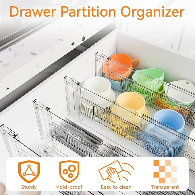 Yieach 8 Pack Clear Acrylic Drawer Divider 6 Inch High,Expandable from 14-20'',Adjustable Dresser Drawer Dividers for Baby Clothing,Underwear and Sock,Separators,Deep Drawer Separators for Kitchen
