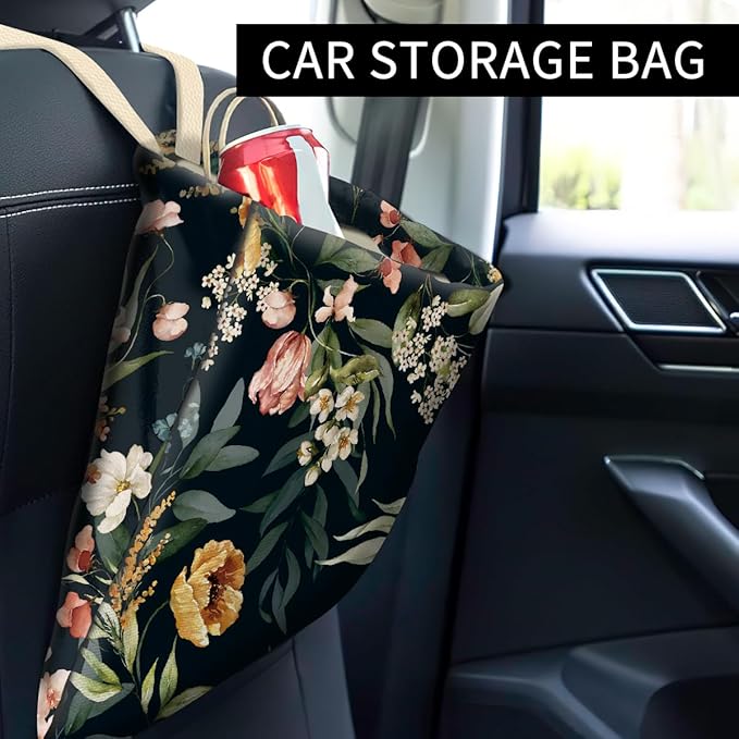 Car Trash Can, Cute Car Trash Bag, Hanging Car Organizer and Storage Bag, Trash Bin for Car Accessories, Vehicle, Travelling, Camping Watercolor Flowers