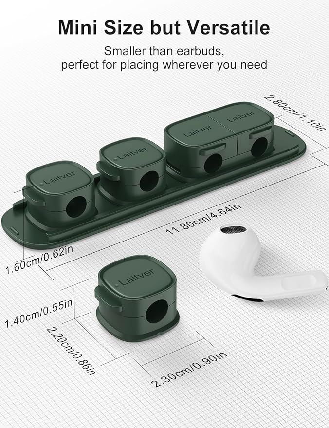 6 Pack Magnetic Cable Clips [1s Open/Lock], Laitver Cord Organizer Holder Strong Adhesive Desk Cable Management- Organize Charging Cords Neatly for Home, Office, Car,Desk, Nightstand-Dark Green