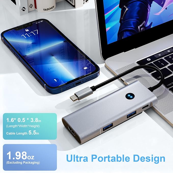 USB C Hub 6-in-1 with 4K@60Hz HDMI, 2 USB-C & 2 USB-A 10Gbps Ports, Privacy Button, 100W PD – Dual USB C Dongle for Mac Laptops, Tablets, Windows Laptops, and More USB-C Devices