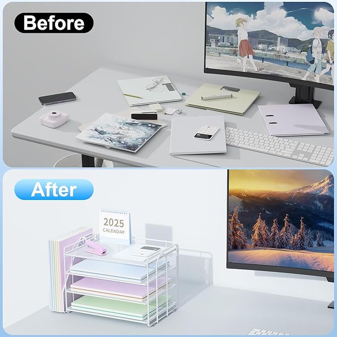Spacrea Desk Organizers and Accessories, Paper Organizer for Desk with File organizer, Desk Accessories & Workspace Organizers for Office Supplies (White)