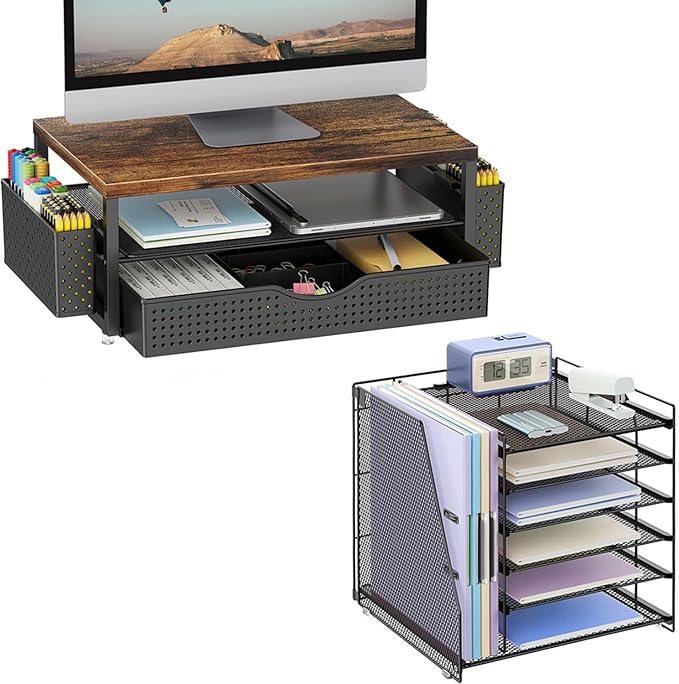 gianotter Monitor Stand with Storage + 6-Tier Paper Organizer (Black)