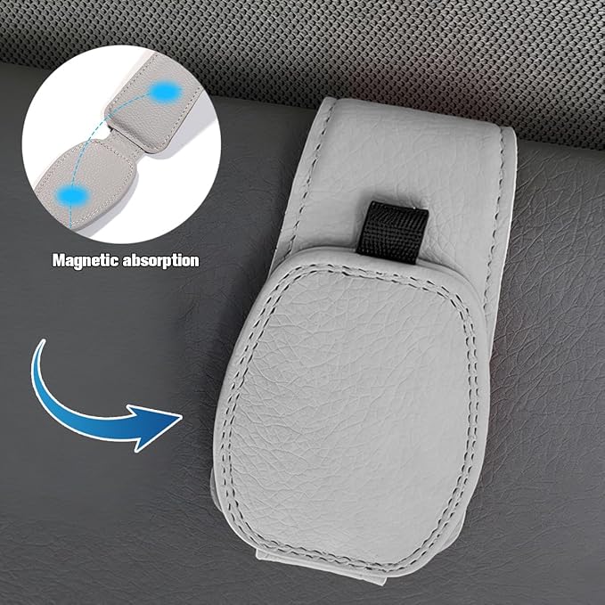 Sunglass Holder for Car Visor, Magnetic Leather Vehicle Sun Visor Storage Clip for Different Size Eyeglasses, Automotive Interior Glasses Ticket Card Clip, Universal for SUV RV Truck (Gray)
