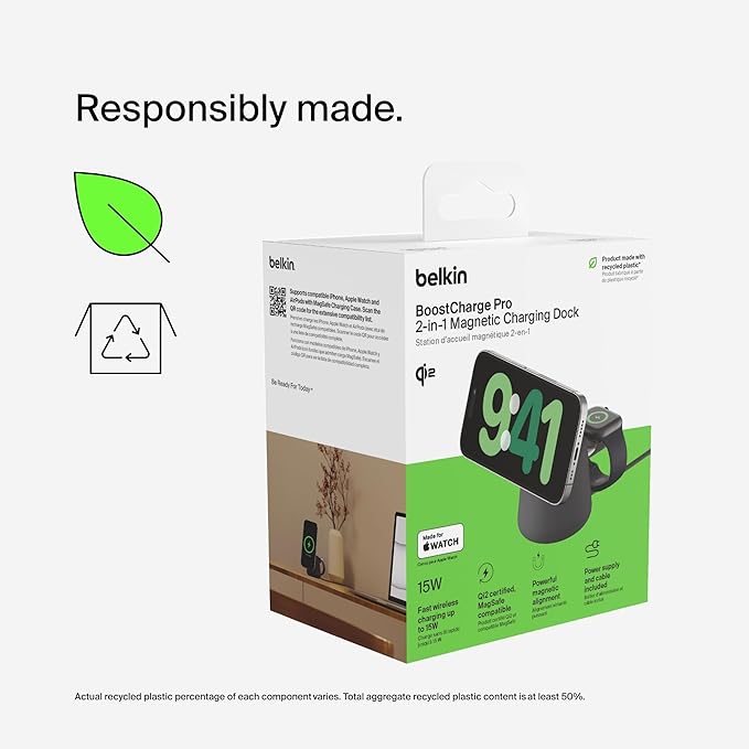 Belkin 2-in-1 Qi2 Wireless Charging Dock 15W Fast Charge iPhone Charger Compatible with iPhone 17, 16, 15, 14, and 13 Series, AirPods, and Other Qi2 Enabled Devices, Includes Power Supply - Black