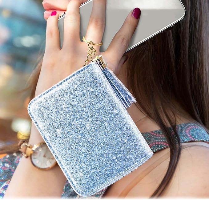 Coco Rossi Women's Small Credit Card Wallet ID Card Case for Girls RFID Glitter Cute Accordion Card Holder -Blue